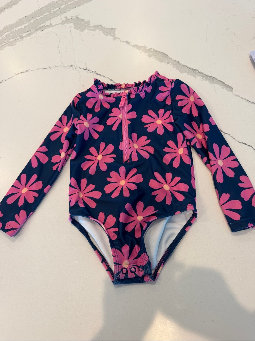 Carter's Navy Long-Sleeve Rashguard One-Piece with Pink Daisy Print